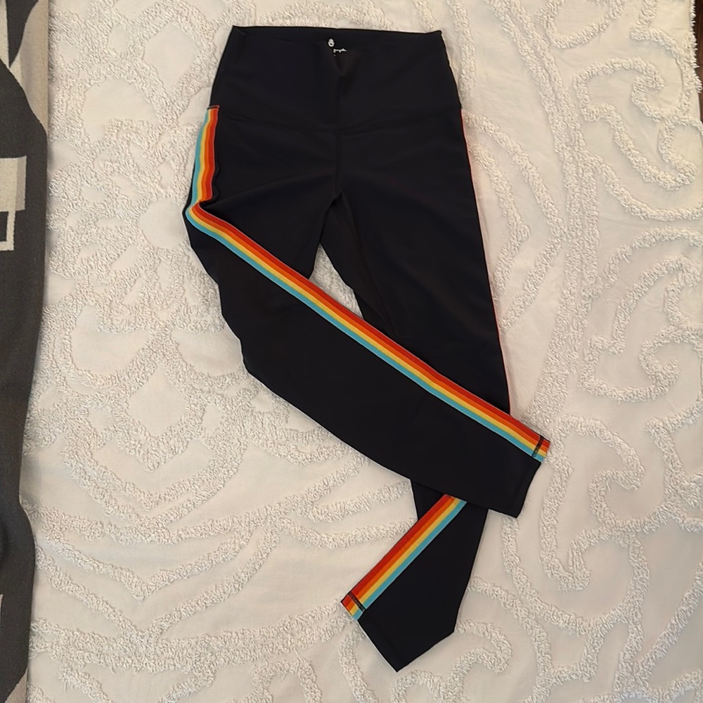 Spiritual Gangster Rainbow Striped Black Leggings, Size small 🌈